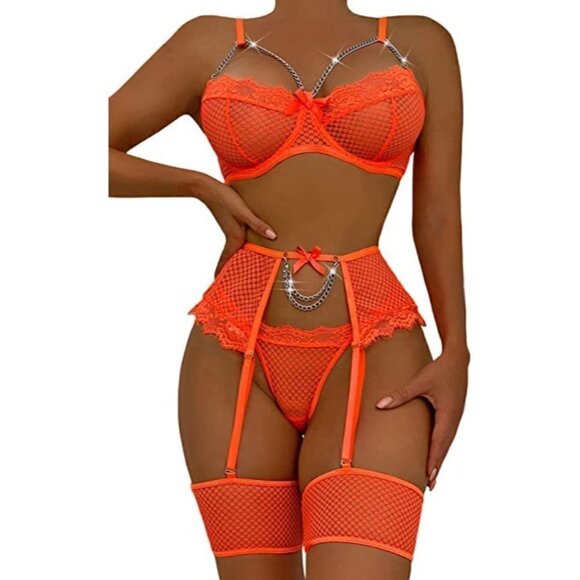SEXY Eyelash Fishnet Lingerie Chain Babydoll Underwire Bra Panty Set Garter Belt - Picture 3 of 6